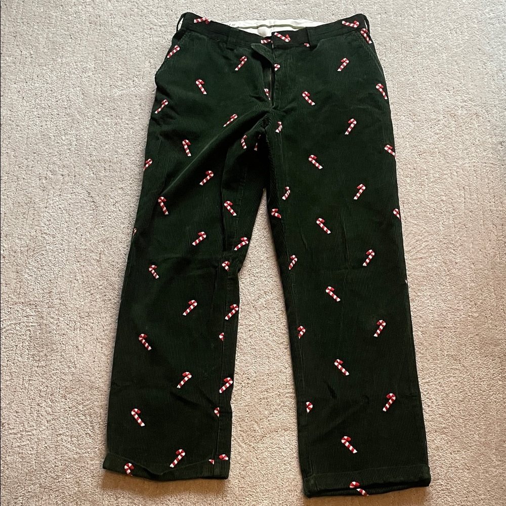 Orvis Dark Green Corduroy Pants with Red Candy Cane Design